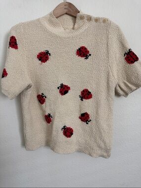 Maeve Cream Knit Short-Sleeve Ladybug Sweater